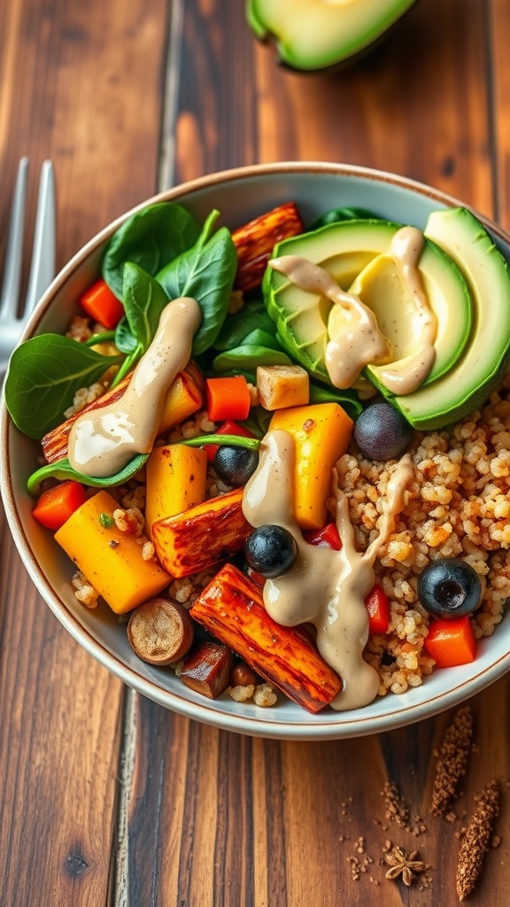 A vibrant vegan bowl with quinoa, roasted vegetables, spinach, and avocado on a wooden table.